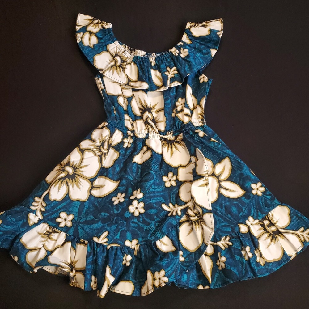 Kole Kole Hawaiian Girl Blue White Hibiscus Flower Ruffle Elastic Dress Size 2T